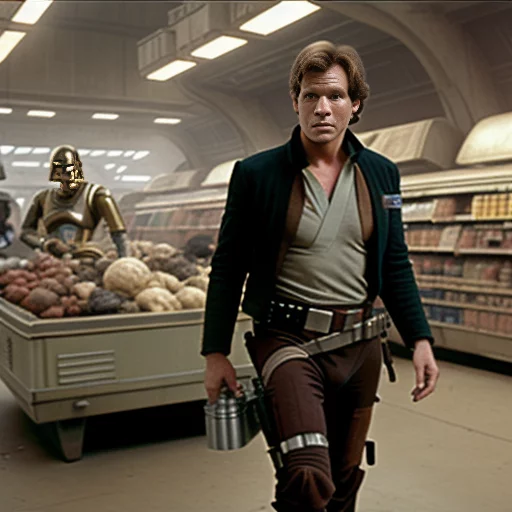 3657735037-Han Solo grocery shopping in a dingy old scrap shop in Mos Eisley with Princess Leia, C3PO, R2D2.webp